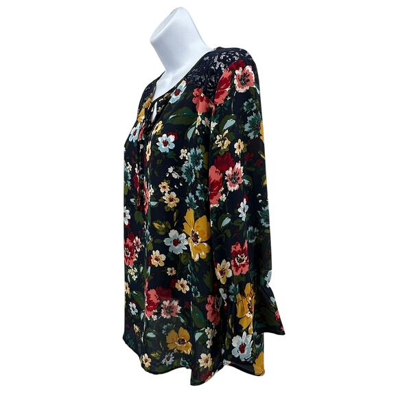 Van Heusen Floral Print Lace Detail Blouse Top WMNS M Navy Split Neck With Tie - Picture 4 of 8